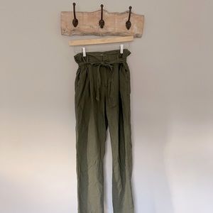 Straight Leg Paperbag Waistband Linen Pants with Cloth Belt